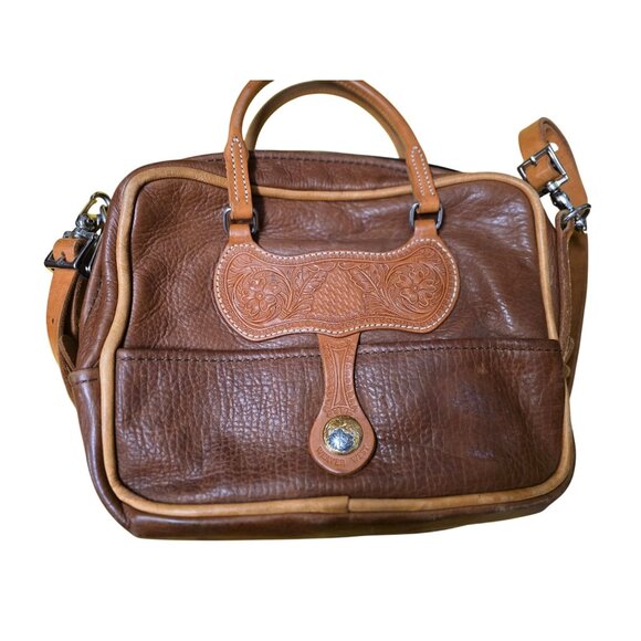 Weaver West Brown Leather Handbag With Tooled Floral Accents & Adjustable Strap - Picture 1 of 16